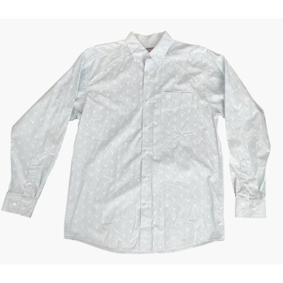 Ariat Mens Long Sleeve Button Up Print Shirt M Light Blue Cattle Skull Western - Picture 1 of 10